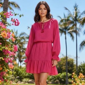 Trina Turk Magenta Textured Blouson Dress Sz M Boho Chic BarbieCore Quiet Luxury
